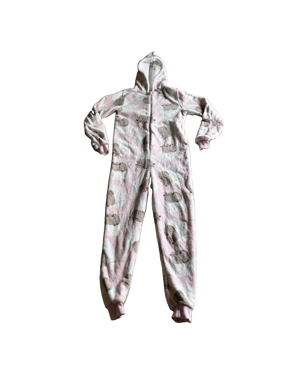 Pusheen Pink Plush Hooded Zip Up One Piece Girls Size 11-12 In The Clouds
